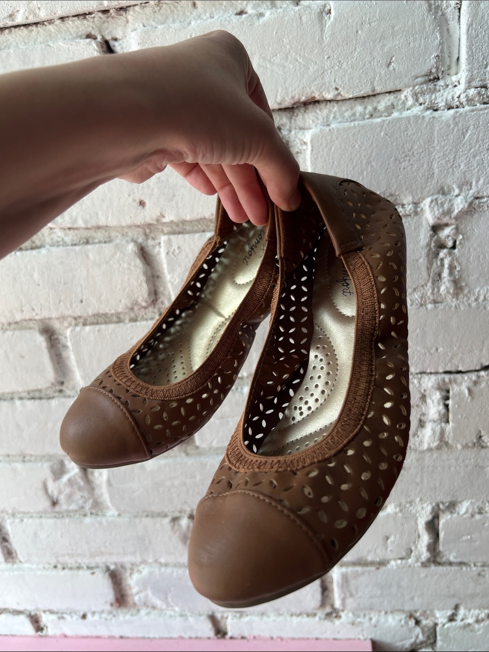 Women's Brown Perforated Ballet Flats stretchy comfy flats